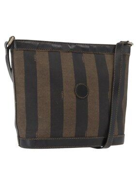 Authentic FENDI Pecan Canvas Shoulder Bag PVC Black Brown gold